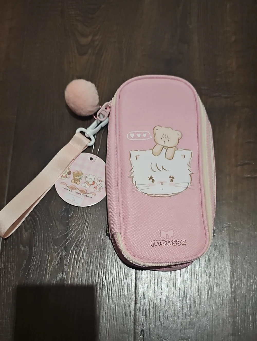 Mousse Pink Cute Kitty Kids Pencil Case with Pom Pom Strap